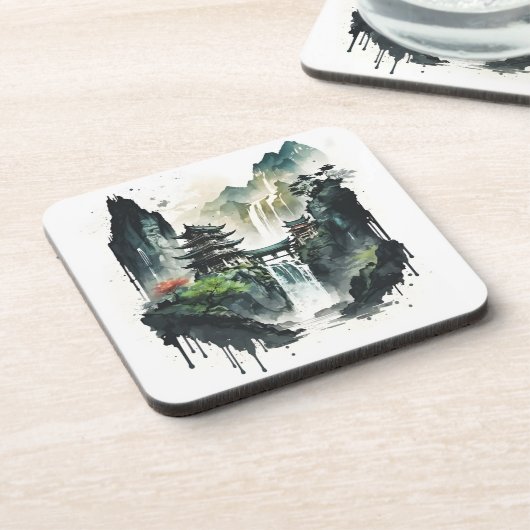 Ancient Chinees inklandschap met waterval Bier Onderzetter (Linkerzijde)