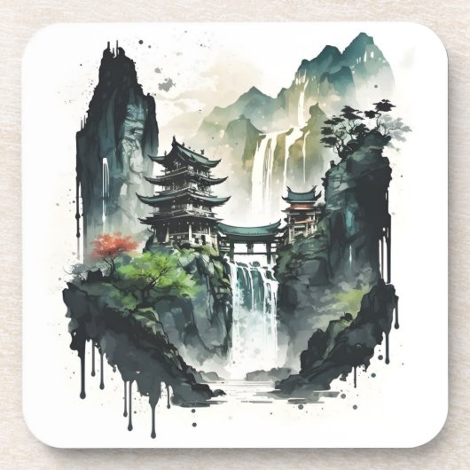 Ancient Chinees inklandschap met waterval Bier Onderzetter (Voorkant)