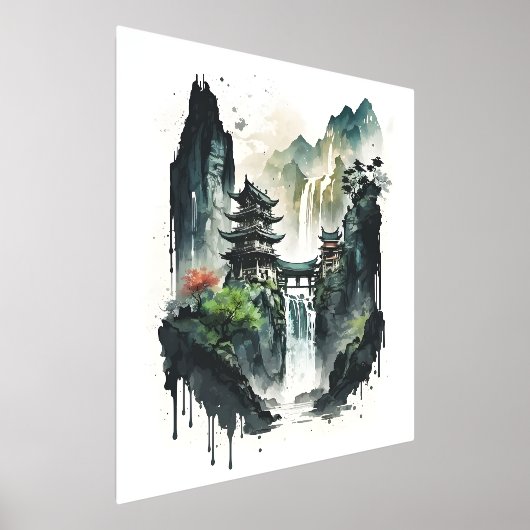 Ancient Chinees inklandschap met waterval Folie Afdrukken (Laagn)