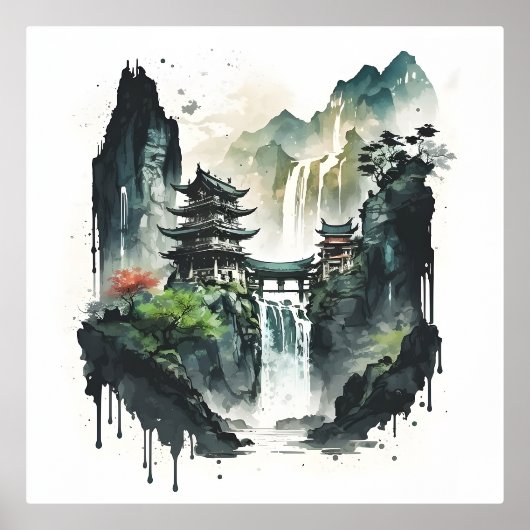 Ancient Chinees inklandschap met waterval Folie Afdrukken (Voorkant)