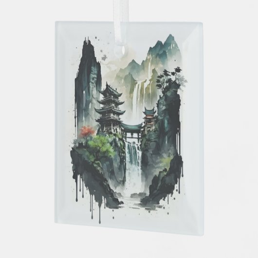 Ancient Chinees inklandschap met waterval Glas Ornament (Voorkant links)
