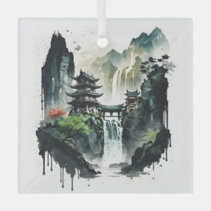 Ancient Chinees inklandschap met waterval Glas Ornament