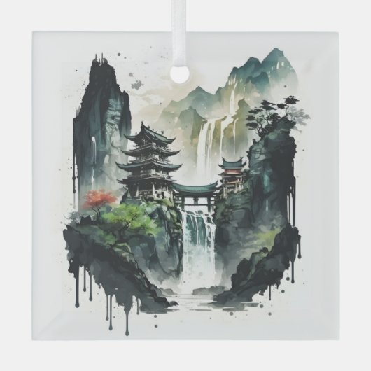 Ancient Chinees inklandschap met waterval Glas Ornament (Voorkant)