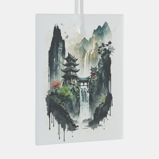 Ancient Chinees inklandschap met waterval Glas Ornament (Voorkant Rechts)