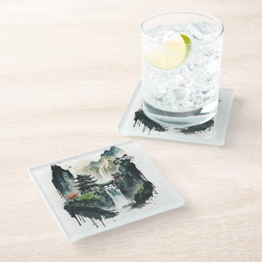Ancient Chinees inklandschap met waterval Glazen Onderzetter (Schuin)