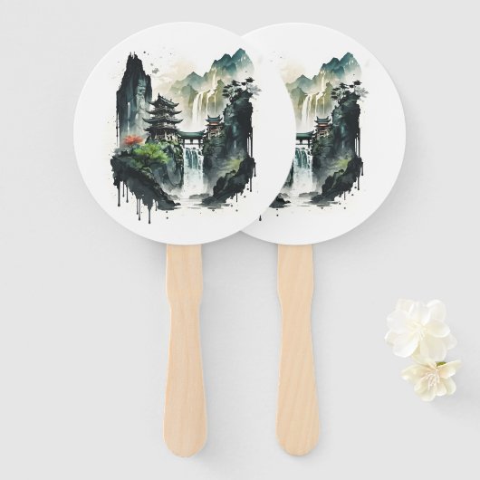 Ancient Chinees inklandschap met waterval Handwaaier (Voorkant en achterkant)