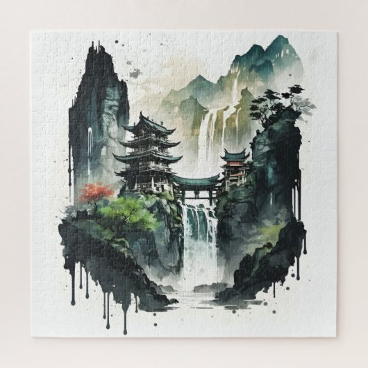 Ancient Chinees inklandschap met waterval Legpuzzel (Verticaal)