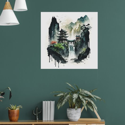 Ancient Chinees inklandschap met waterval Poster (Woonkamer 1)