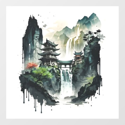 Ancient Chinees inklandschap met waterval Raamsticker (Vel)
