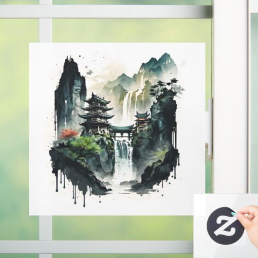 Ancient Chinees inklandschap met waterval Raamsticker (Huis)
