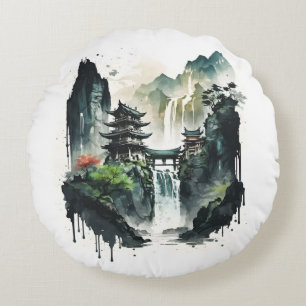 Ancient Chinees inklandschap met waterval Rond Kussen