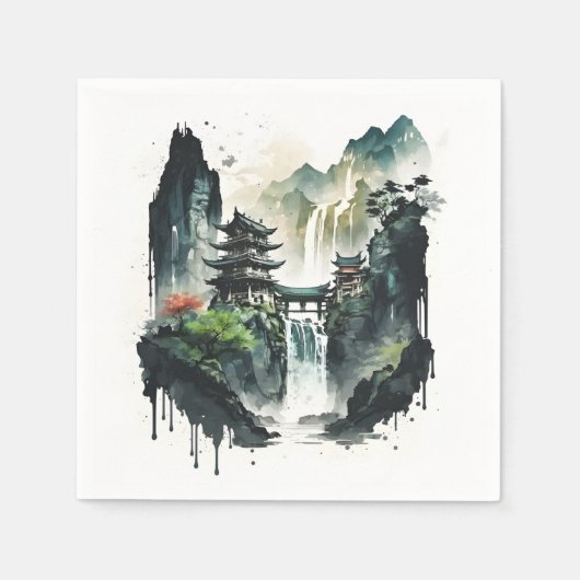 Ancient Chinees inklandschap met waterval Servet (Voorkant)