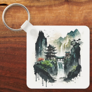 Ancient Chinees inklandschap met waterval Sleutelhanger