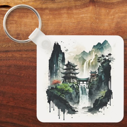 Ancient Chinees inklandschap met waterval Sleutelhanger (Voorkant)