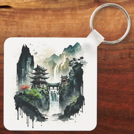 Ancient Chinees inklandschap met waterval Sleutelhanger (Achterkant)