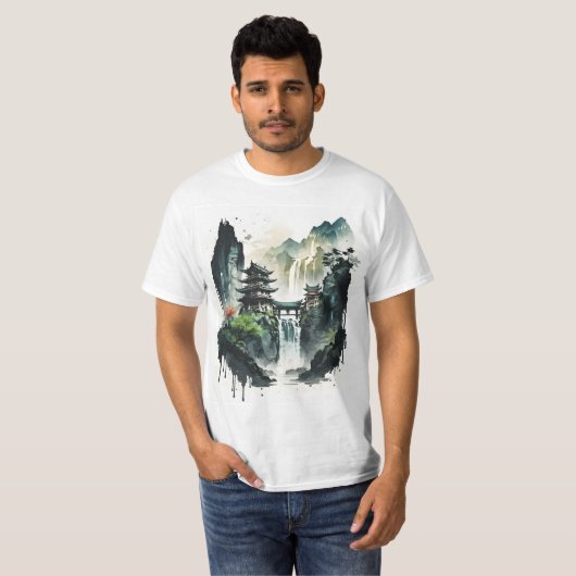 Ancient Chinees inklandschap met waterval T-shirt (Voorkant volledig)