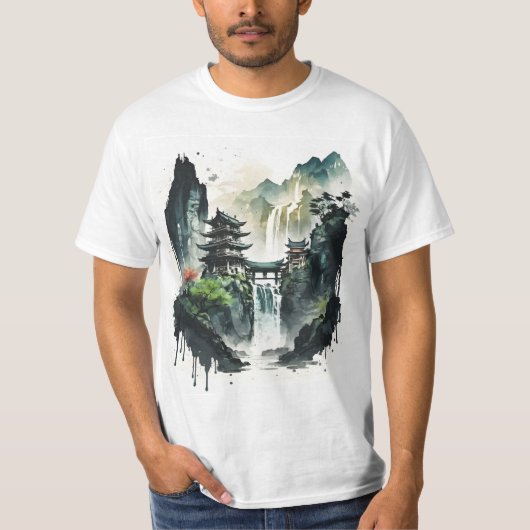Ancient Chinees inklandschap met waterval T-shirt (Voorkant)