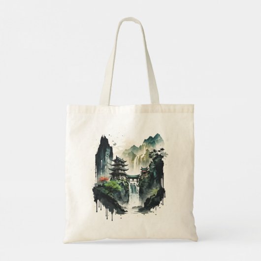 Ancient Chinees inklandschap met waterval Tote Bag (Achterkant)