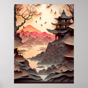 Ancient Chinees scènepapier gesneden bruin Poster