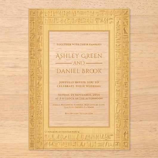 Ancient Gold Hieroglyphic Motifs Egyptian Wedding Acryl Uitnodigingen (Voorkant)