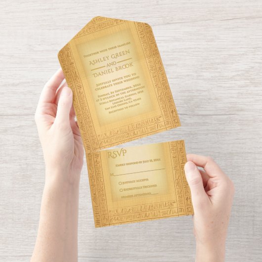 Ancient Gold Hieroglyphic Motifs Wedding Foil All In One Uitnodiging (Uittrekbaar)