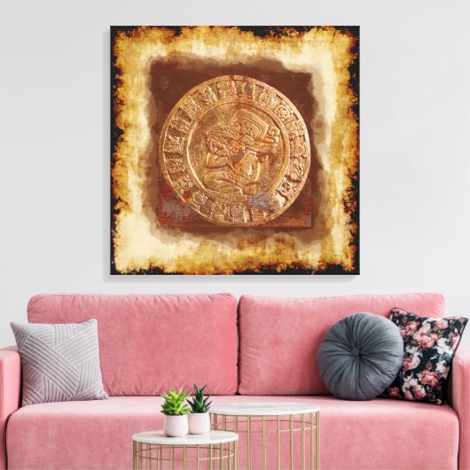 Ancient Mayan Carved Metal Art Disk Kapped Canvas (Insitu (Woonkamer))