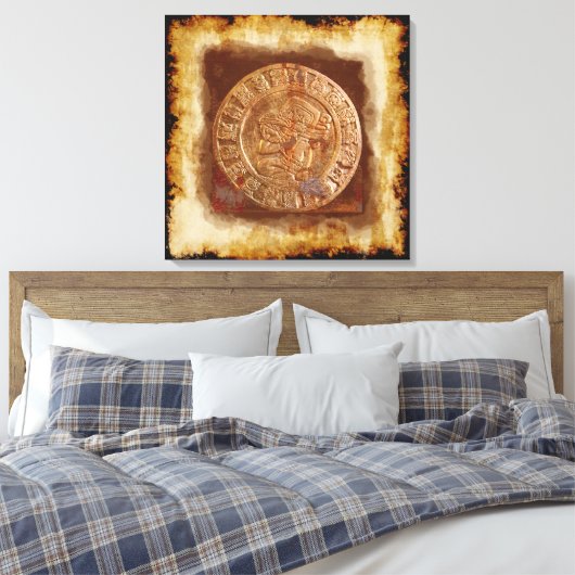 Ancient Mayan Carved Metal Art Disk Kapped Canvas (Insitu (Slaapkamer))