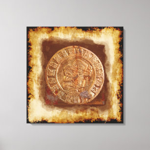 Ancient Mayan Carved Metal Art Disk Kapped Canvas Afdruk