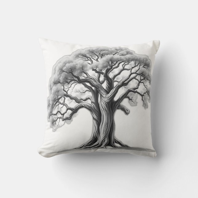 Ancient Oak Tree Charcoal Sketch Kussen (Voorkant)
