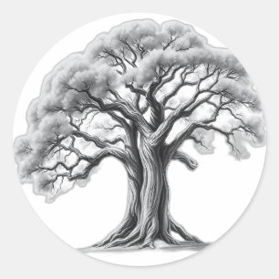 Ancient Oak Tree Charcoal Sketch Ronde Sticker