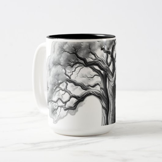 Ancient Oak Tree Charcoal Sketch Tweekleurige Koffiemok (Voorkant links)