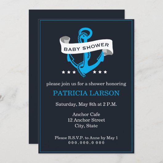 Ancre bleu marine Baby shower Invitation (Devant / Derrière)
