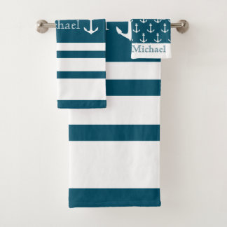Ancre Bleu Nautique Et Rayures Blanches Nom