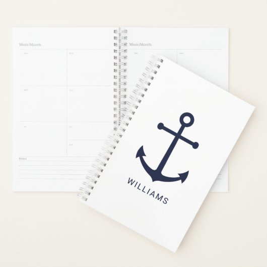 Ancre bleue marine et nom personnalisé sur blanc (Devant avec enveloppe)