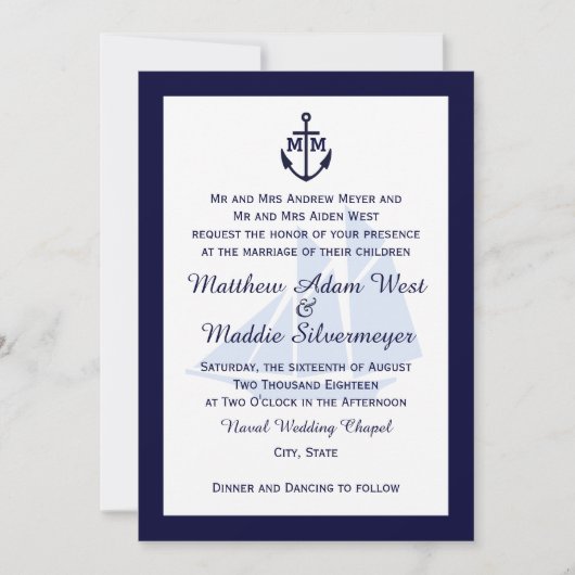 Ancre bleue marine Invitations de mariage au monog (Devant)