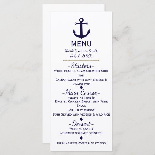 Ancre Bleue Nautical Beach Menu Card (Devant / Derrière)