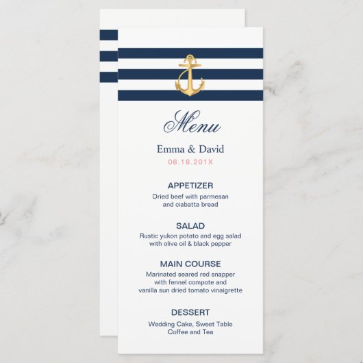 Ancre d'or Marine Stripes Menu Mariage nautique (Devant / Derrière)