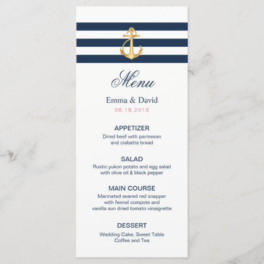 Ancre d'or Marine Stripes Menu Mariage nautique (Devant)