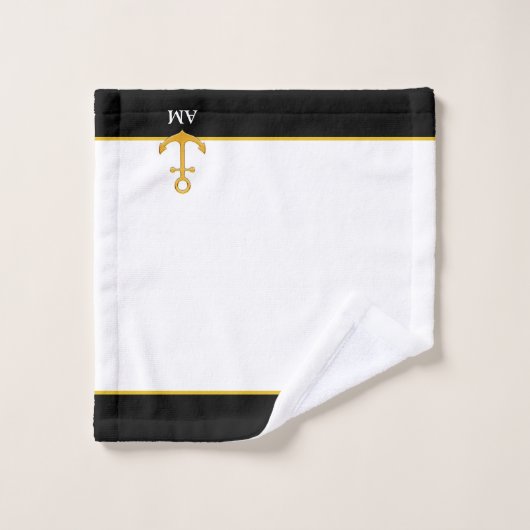 Ancre dorée et monogramme sur noir et blanc (Gant de toilette)