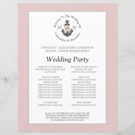 Ancre florale Mariage nautique Dusty programme Ros (Dos)