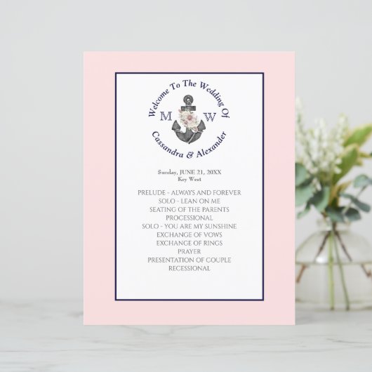 Ancre florale Mariage nautique Pink Navy programme (Debout devant)