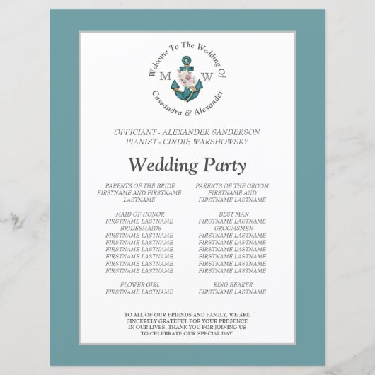 Ancre florale marine Programme de mariage bleu Tur (Dos)