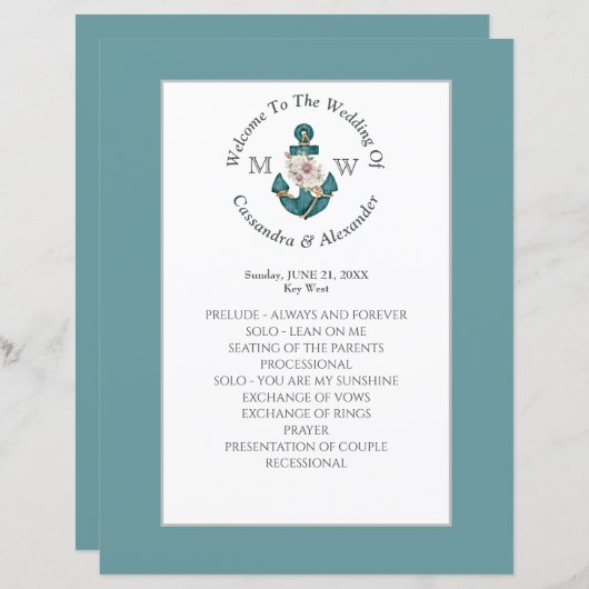 Ancre florale marine Programme de mariage bleu Tur (Devant / Derrière)