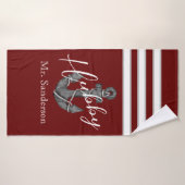 Ancre florale rouge de Monogramme marin (Serviette de bain)