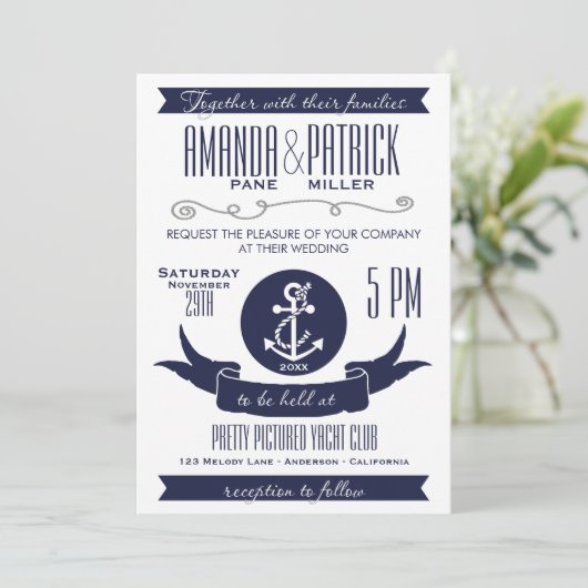 Ancre Marine Bleu Nautique Mariage Invitations (Debout devant)