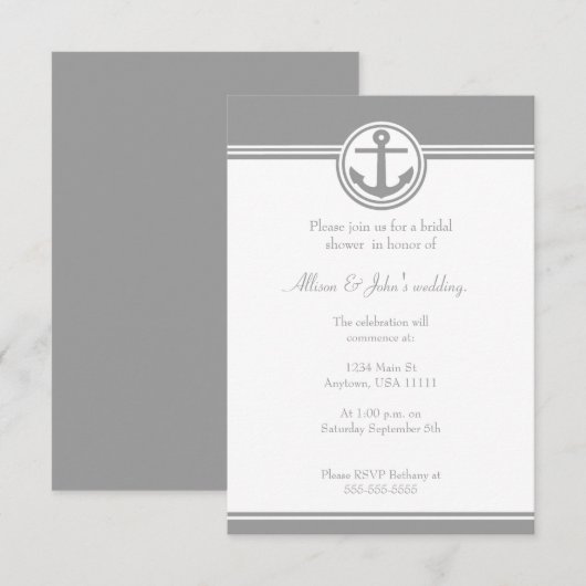 Ancre marine gris Invitation de douche nuptiale (Devant / Derrière)