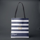 Ancre marine  nautique Sac fourre-tout personnalis<br><div class="desc">Ancrage nautique sur marine bleu et blanc rayé arrière - plan,  sac fourre-tout de fête de mariée personnalisée. Personnalisez le texte,  le style de police,  la couleur et la taille. Les rayures en bleu marine peuvent être customisées à votre choix de couleur.</div>