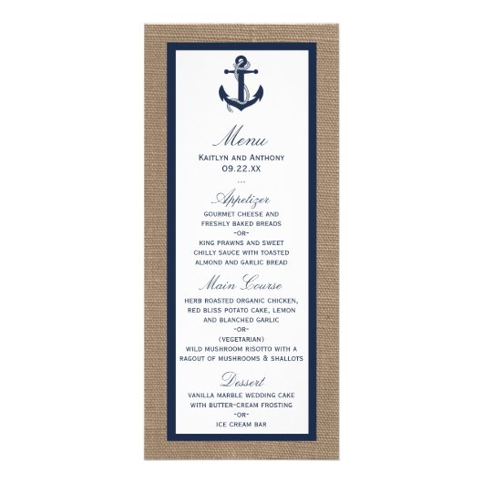 Ancre Marine Sur Burlap Beach Menu Mariage (Devant)