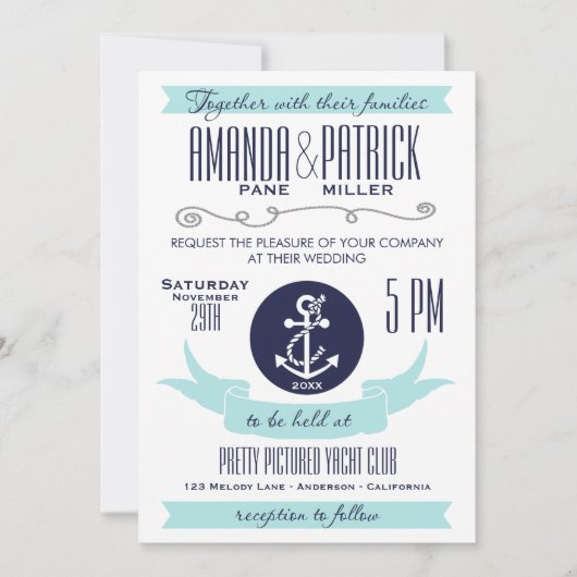 Ancre moderne Bleu Nautique Mariage Invitations (Devant)