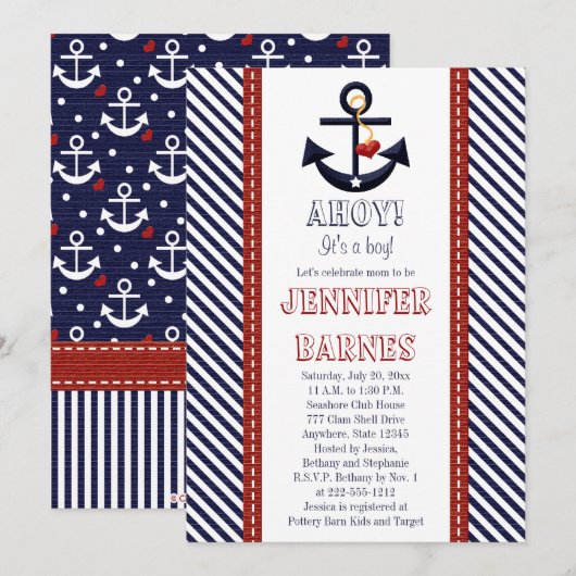 Ancre Nautical Baby Shower Invitations (Devant / Derrière)